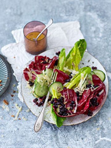 Salade romaine-Trévise au parmesan et aux myrtilles sauvages